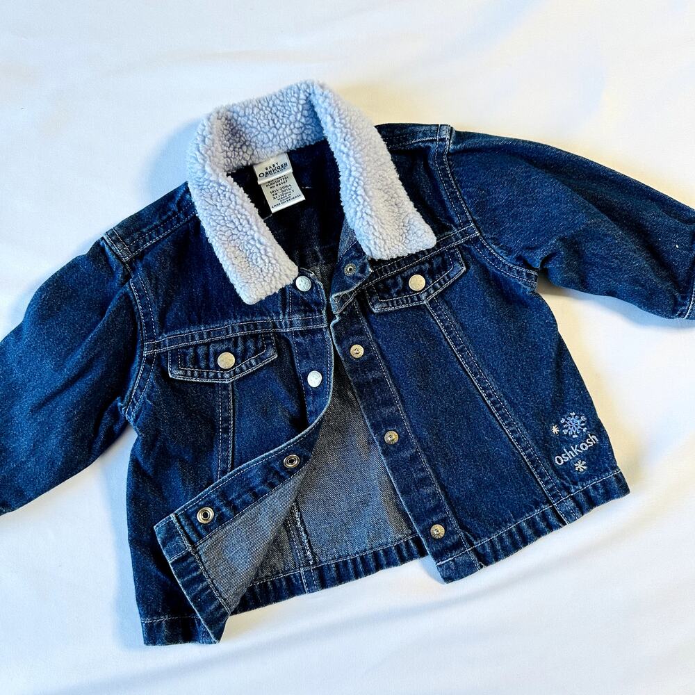 Vintage Baby OshKosh Winter Snowflake Denim Jacket w/ Purple Sherpa Collar
